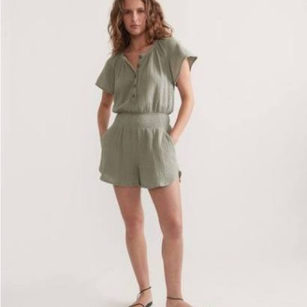Marine Layer Bella Double Cloth Romper Large Shadow Green
